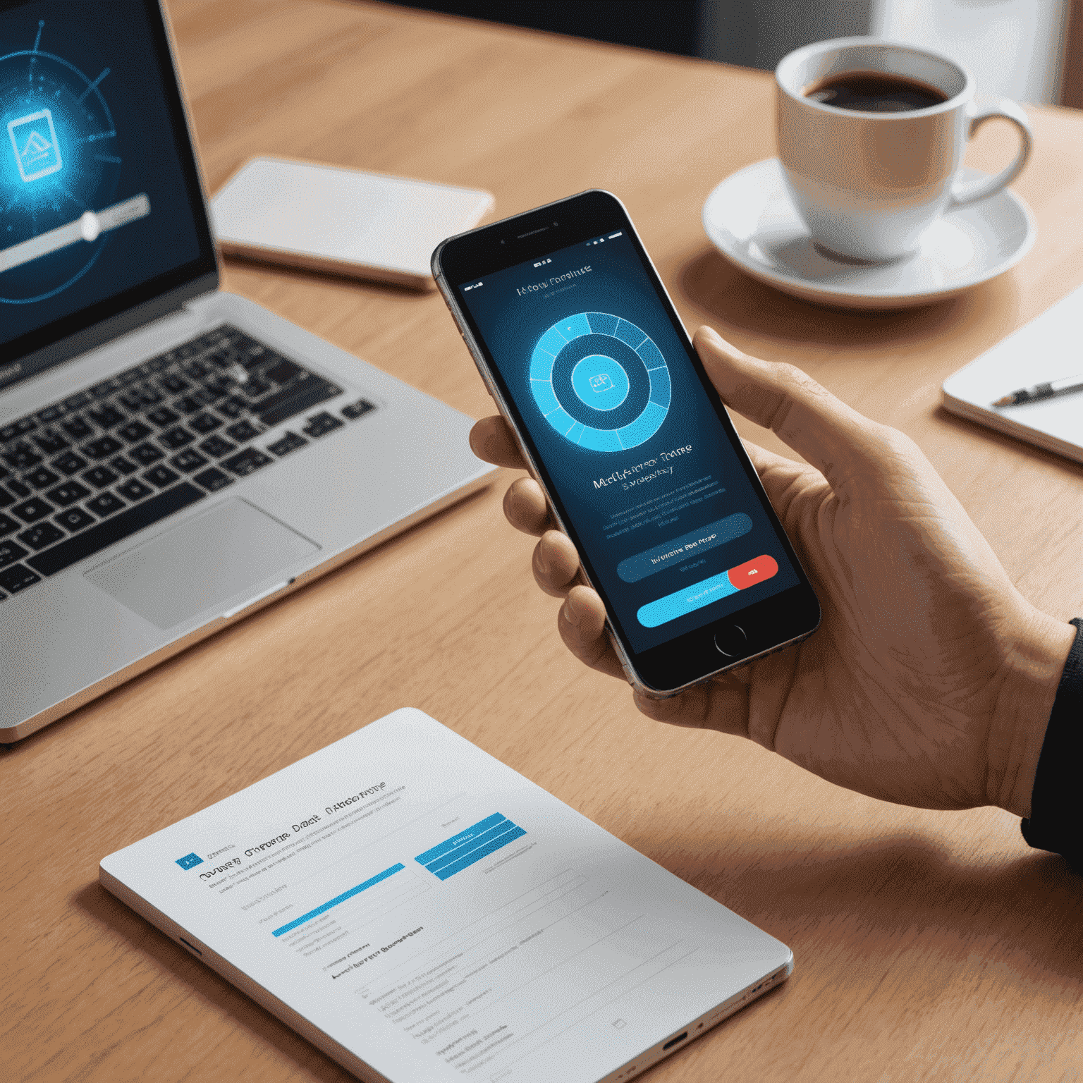 صورة توضيحية لعملية ترقية الهاتف المحمول، تظهر يد تحمل هاتفًا ذكيًا حديثًا وشاشة تعرض عملية نقل البيانات