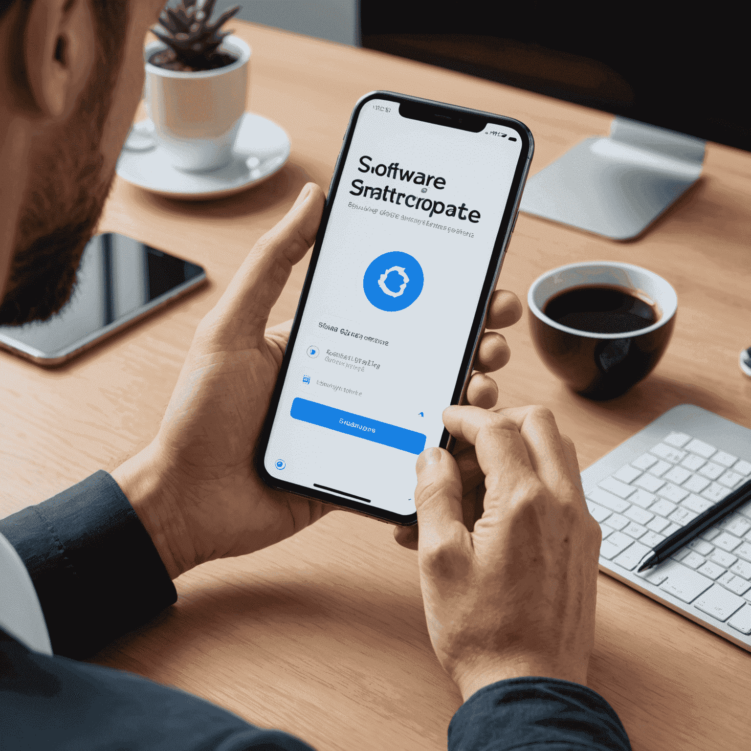 صورة لشخص يقوم بترقية هاتف ذكي مع عرض لشاشة تحديث البرامج